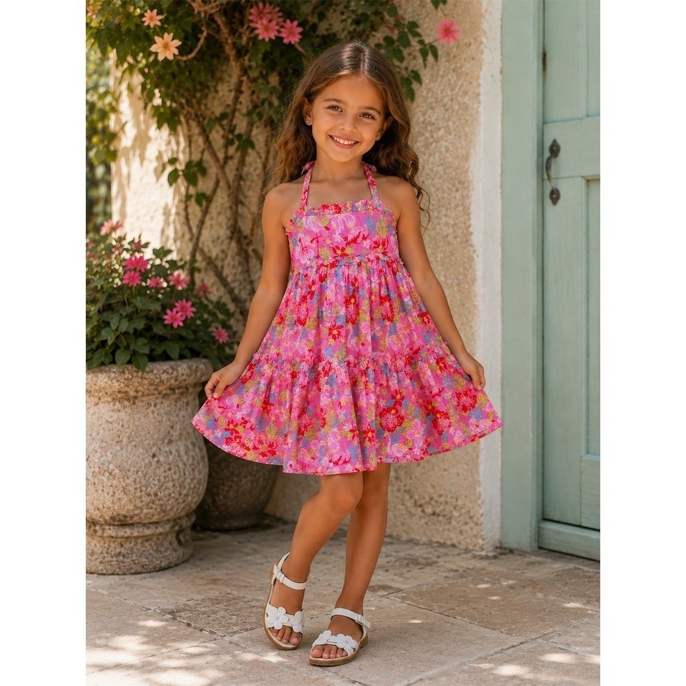 Ettavee Dress Girls Size 6 Pink Tropical Floral Halter Tiered Twirl Lined resort